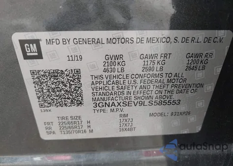 2020 Chevrolet Equinox Ls из США, поврежденный, VIN 3GNAXSEV9LS585553